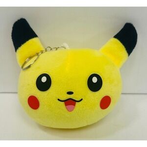 Pokemon Pikachu Face Yellow Cute Bag Accessory 4" Plush Charm w Metal Keychain